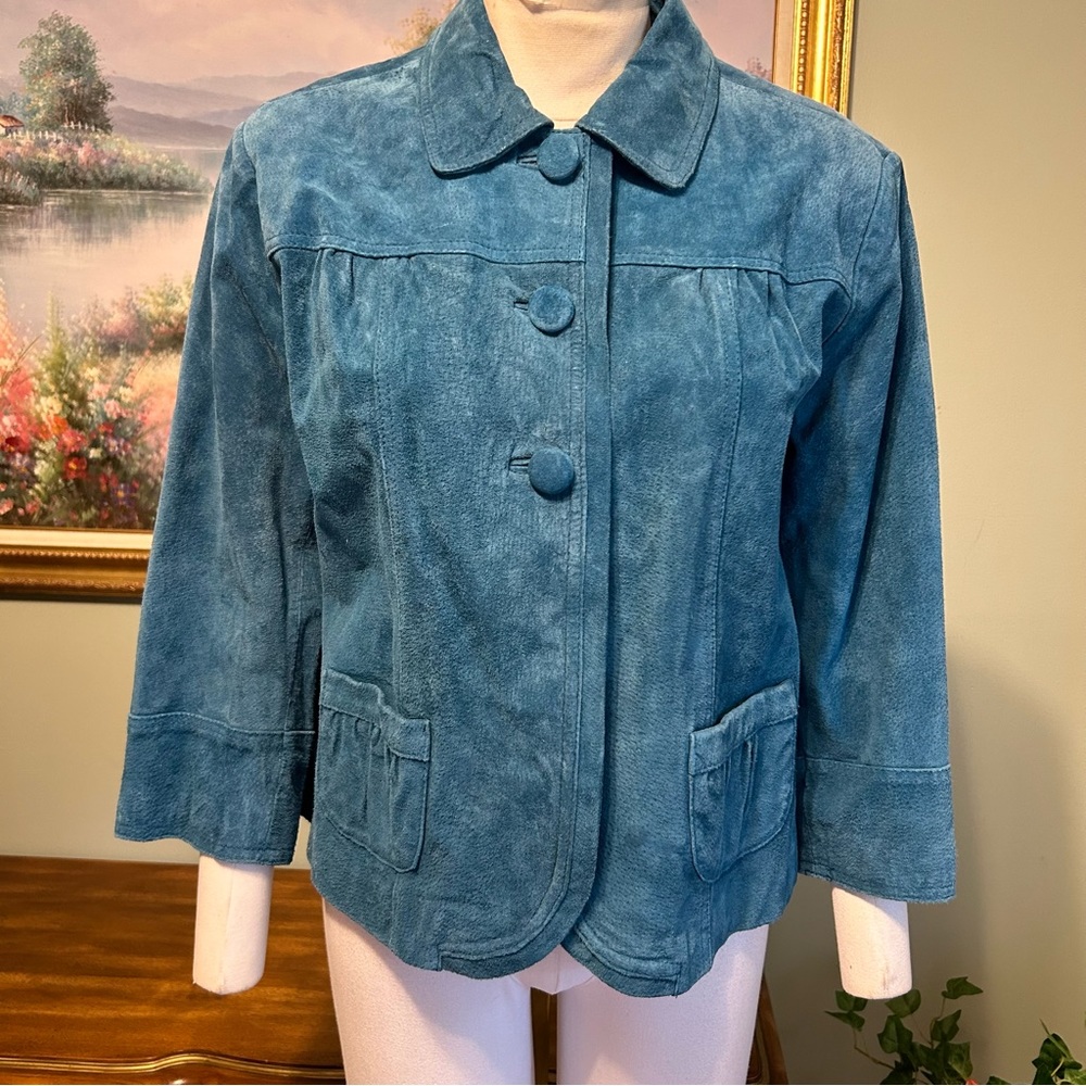 Chico’s Teal Blue Suede Button Front 3/4 Sleeve Jacket
